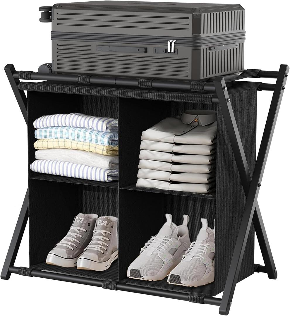 Luggage Rack for Guest Room, Folding Suitcase Stand for Bedroom Storage, Steel Luggage Stand with Waterproof Fabric, Easy to Install, Support 150 lb, Space Saving for Clothes Shoes