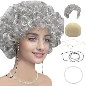 Cupohus Old Lady Costume Set Grandma Wig 100 Days of School Costume Madea Granny Glasses Eyeglass Chains Cords Faux Pearl Bead Necklace Old Lady Cosplay Set 5 Pieces (silver white afro)