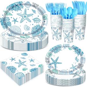 Pajean 350 Pcs Ocean Seashell Party Decorations 12 in Summer Disposable Oval Plates and Napkins Blue Coral Heavy Duty Tableware Set for 50 Guests Last Toast on The Coast Birthday Party Supplies
