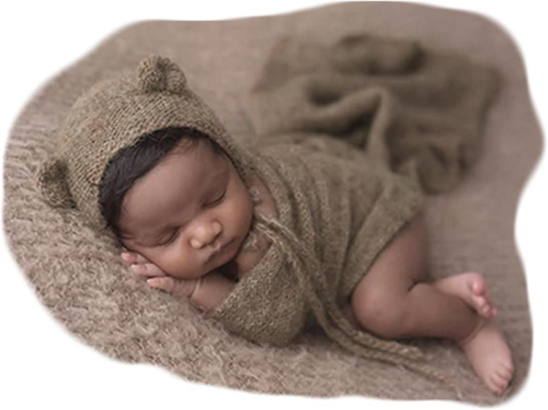 Newborn Photography Props Handmade Bear Hat Wrap Set for Baby Boys Girls Photoshoot Knitted Bonnet Blanket Photo
