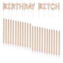 Birthday Cake Topper with Thin Candles and Holders (Rose Gold, 24 Pack)
