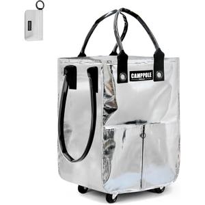 Reusable Grocery Bag On Wheels, Shopping Carts for Groceries with Card Holder, Lightweight Rolling Tote, Folding Grocery Cart Carries Up to 66 lb, Water-Proof Bag for Moving, Travel, Camping, Medium (Silver)