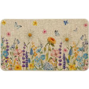 Artoid Mode Floral Flowers Butterfly Daisy Lavender Spring Doormat, Seasonal Summer Home Decor Low-Profile Switch Rug Door Mat Floor Mat for Indoor Outdoor 17x29 Inch (Beige)
