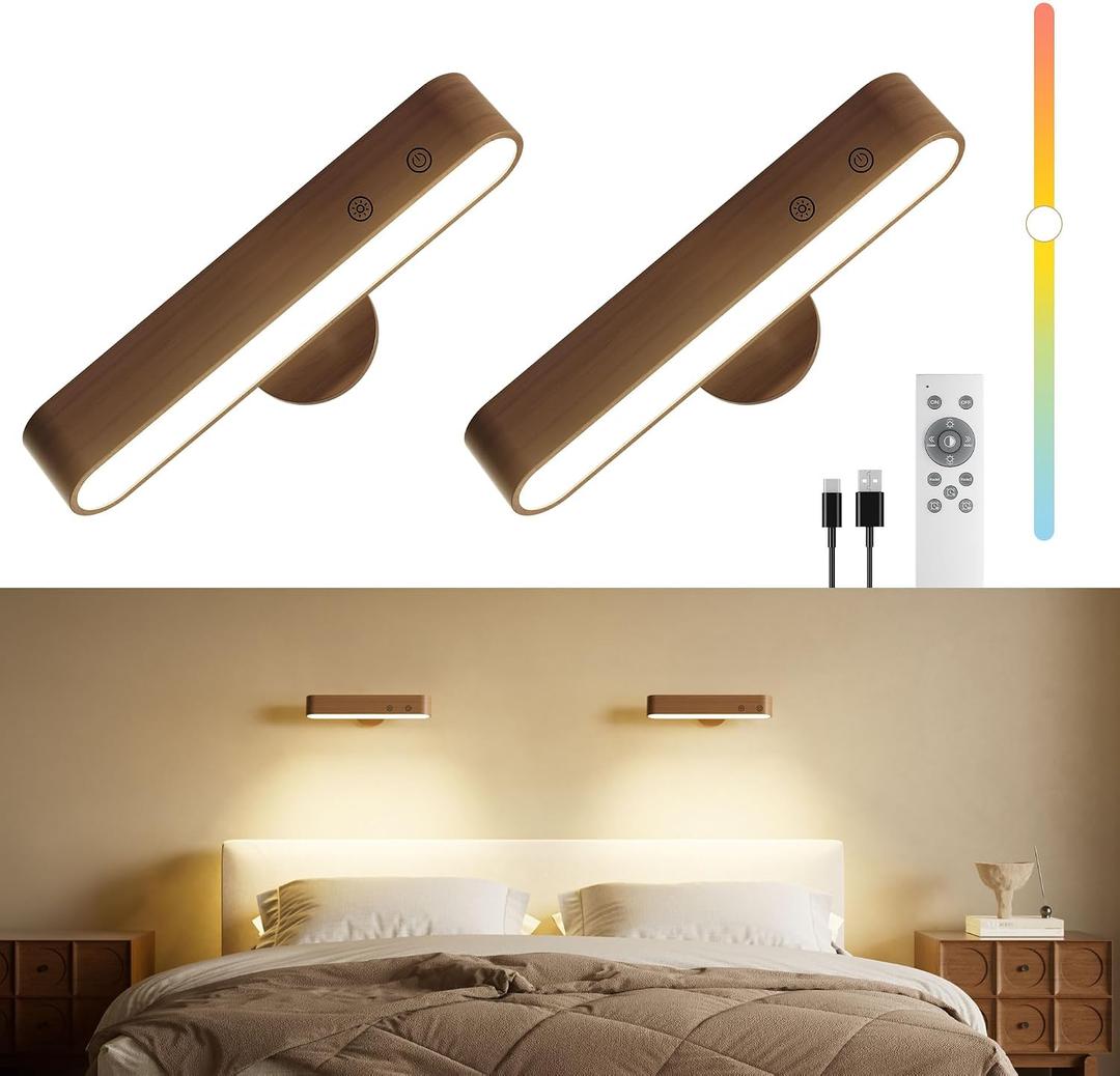 Rechargeable Wall Sconces Set of Two, Walnut Wood Battery Operated Wall Sconce, Magnetic Wall Lights for Bedroom with Remote & Touch Control, 15 RGB, 360 Rotatable Dimmable LED Wall Lamp 3 Color