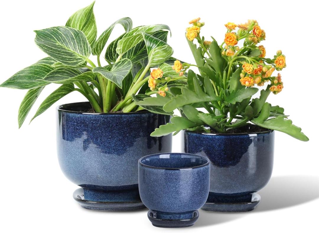 vicrays Ceramic Plant Pots Indoor - 6.8/5.5/4.3 Inch Planter Pot with Drainage Hole and Saucer for Succulent Orchid Flower Herbs Cactus - Gardening Home Desktop Office Decor  Set of 3 Blue