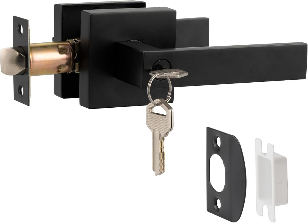 Black Interior Door Handle Lock Set, Keyed Entry Square Heavy Duty Zinc Alloy Door Lever Knob for Bedroom/Bathroom/Office, Reversible Interior Handles for Left & Right Handed Doors with 3 keys, 1 Pack