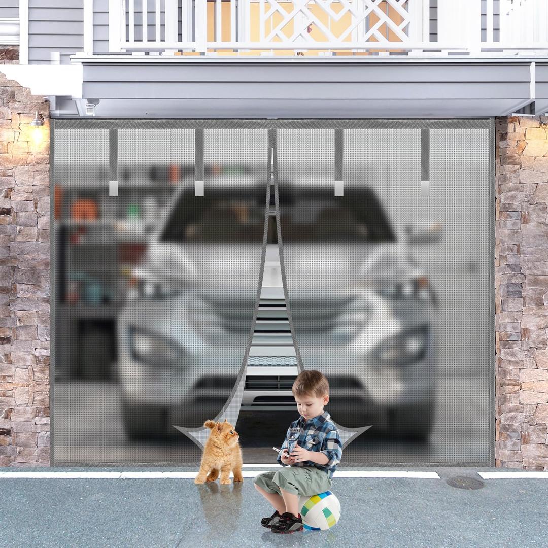 Garage Door Screen, Sunmoxia 8x7Ft Magnetic Heavy Duty Garage Door Curtain with 4 Strapping Tapes - Durable Breathable Anti-Tear Mesh Patio Porch Privacy Curtain (Sliver