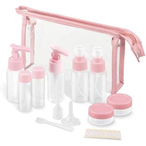 Vitog Travel Bottles Kit, TSA Approved Leak Proof Portable Toiletry Containers Set, Clear PET Flight Size Cosmetic Containers for Lotion, Shampoo, Cream, Soap, Set of 11 (pink)