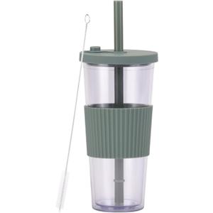 700ml/24oz Large Capacity Double-Layer Cup Outdoor Portable Large Hole Cup-Transparent olive green cover