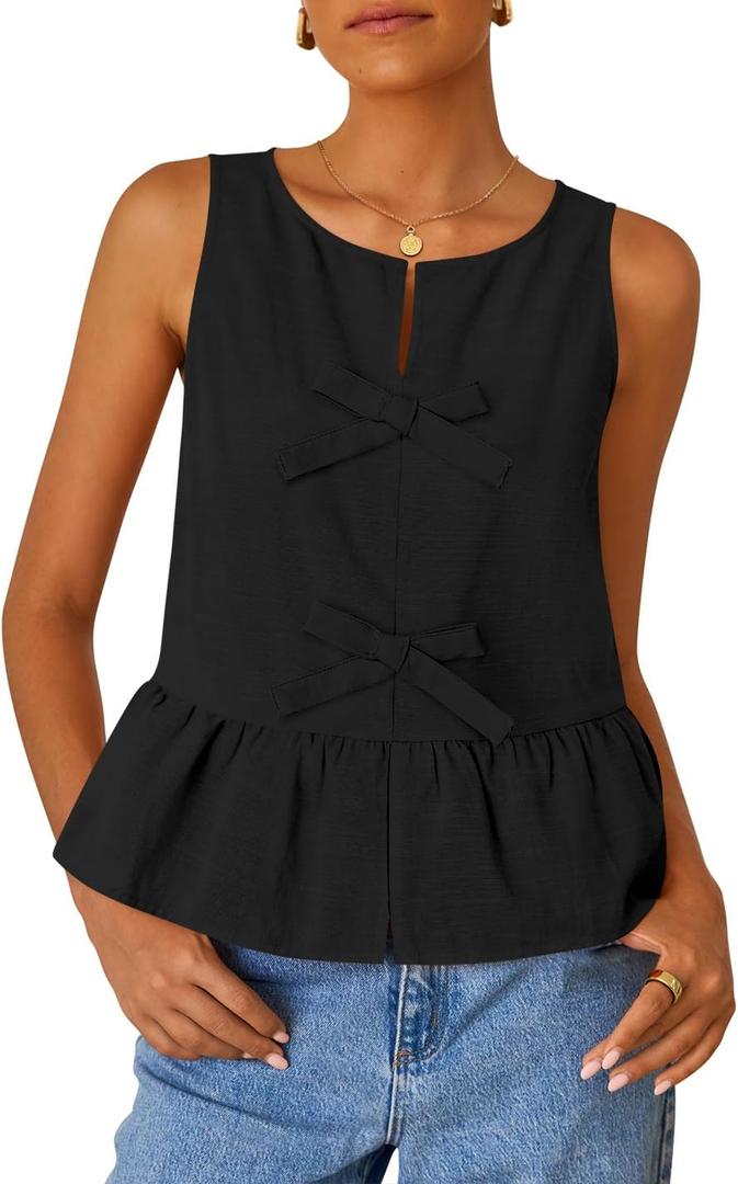 ZESICA Women's Summer Sleeveless Peplum Tank Tops 2026 Tie Front Crewneck Loose Flowy Ruffle Babydoll Going Out Shirts Black Small