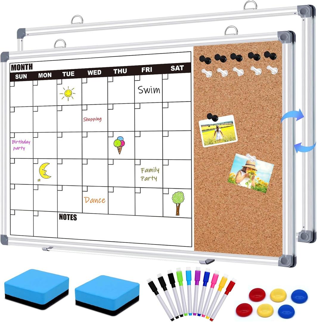 Calendar Whiteboard for Wall, 24" x 18" Double Sided Monthly Dry Erase Board Calendar for Office, Home, School, Hanging Cork Board White Board Combo, Portable Magnetic Dry Erase Planner Board