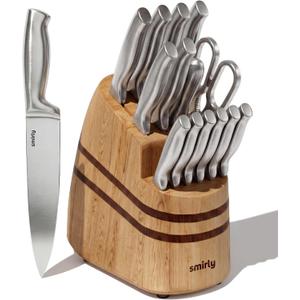 SMIRLY 15 Piece Knife Set with Block - Kitchen Knife Sets with Block and Sharpener - Heavy Duty Wooden Block with One-Piece Design Stainless Steel Knive Dishwasher Safe