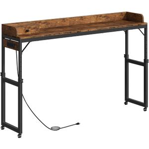 HOOBRO Overbed Table with Wheels, Rolling Table with Outlets & Light Strip for Queen Bed, Mobile Bed Desk & Drawer and Adjustable Height, Giant Computer Desk for Living Room, Rustic Brown BF180UDDN01, 70.9"L x 15.3"W x 42.9"H