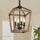 4 Light Farmhouse Chandelier, Rustic Ceiling Light Lantern Light Fixture with Wood Painted Metal Cage and Adjustable Chain, E12 Base Geometric Hanging Light Fixture for Entryway, Kitchen, Indoor (Brown)