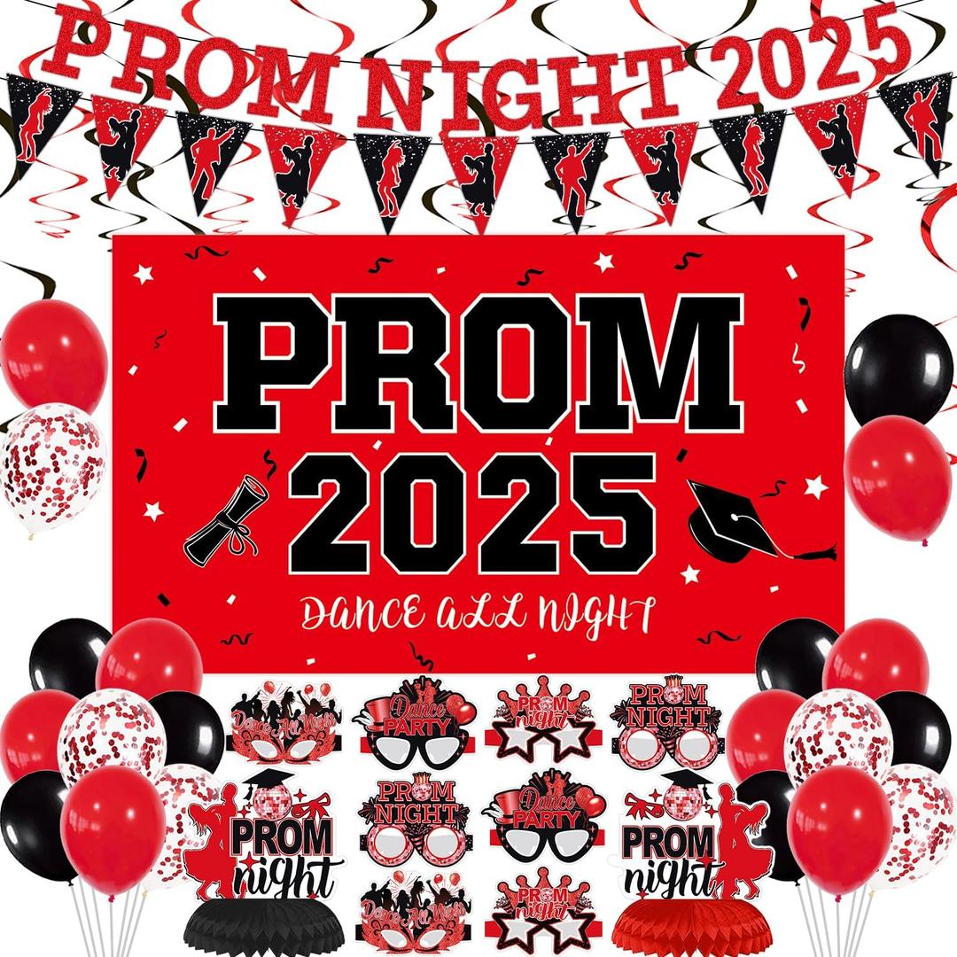 Prom 2025 Decorations Set, Graduation Party Supplies Prom 2025 Backdrop, Prom Night Banner, Balloon, Grad Photo Booth Props, Honeycomb Centerpieces, Paper Eyeglasses (Red)