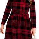 21KIDS Girls Fall Plaid Dress Long Sleeve Casual Midi Dresses with Pockets for Kids 10 Years (Red, S)