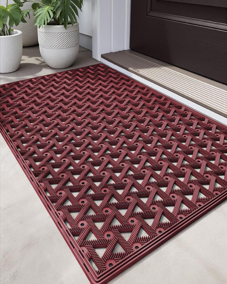 DEXI Front Door Mat Outside Entrance Rubber 24x36, Welcome Floor Doormat Heavy Duty Non Slip, Dirt Trapper Waterproof Exterior Entry Mats All Weather for Patio Entryway Drainage, Red