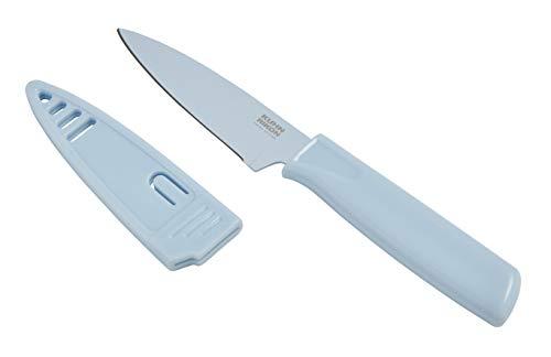 Kuhn Rikon Colori Non-Stick Straight Paring Knife with Safety Sheath, 4 inch/10.16 cm Blade, Light Blue