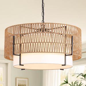 6-Light Large Rattan Chandelier for Dining Room, 25.6" Boho Pendant Light
Hand-Woven Wicker, Drum Design with Linen Shade, Bohemian & Coastal Style, for Living Room, Bedroom, Foyer, Hallway