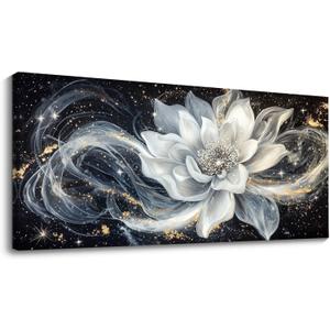 QZQCBLC Large Wall Art, Black and White Lotus Wall Art Modern Abstract Flower Pictures Gold Silver Canvas Painting Artwork for Living room Bedroom kitchen Home Office Decor 29x58 IN