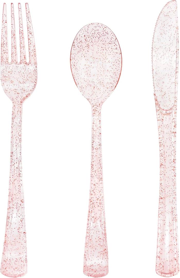 150 Pack Pink Glitter Plastic Silverware Disposable, Baby Shower Cutlery, 50 Pink Forks, 50 Rose Gold Spoons, 50 Rose Gold Knives for Brithday, Wedding, Baby Shower