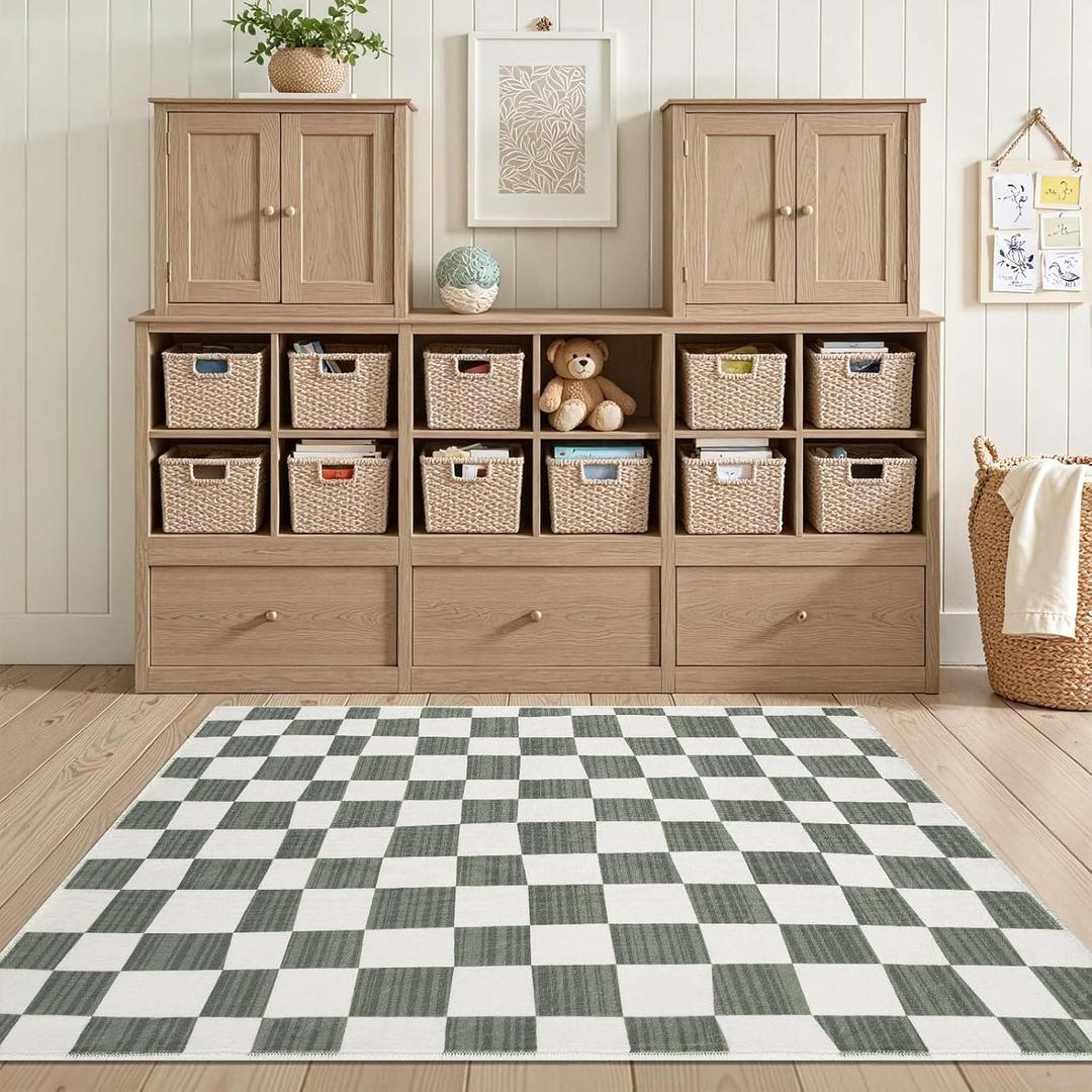 jinchan 3x5 Checkered Area Rugs for Kids Room - Machine Washable Soft Rug Modern Geometric Lattice Non-Slip Carpet for Nursery Playroom Bedroom Entryway Living Room Dining Room Home Office Grey