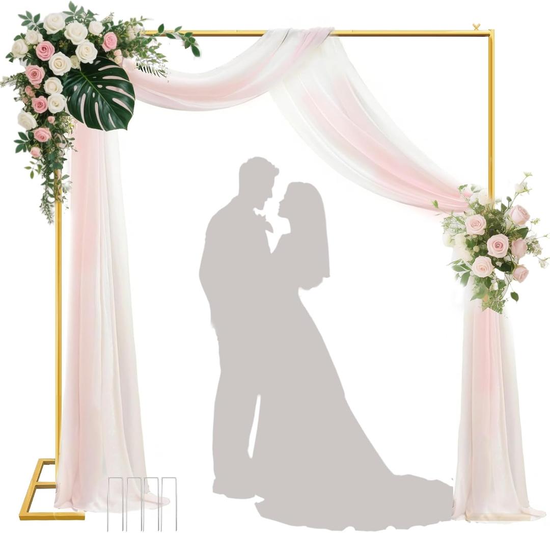 Backdrop Stand Heavy Duty with Base 8.2FT x 8.2FT, Gold Portable Adjustable Pipe and Drape Backdrop Stand Kit, Square Metal Arch Party Frame for Wedding Birthday Party Banquet Decorations