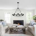9-Light 32" Modern Farmhouse Chandeliers for Dining Room,Wagon Wheel Black Chandelier,Adjustable Height Hanging Round Pendant Lights for Kitchen Island Clear Glass Shade Ceiling Light fixtures