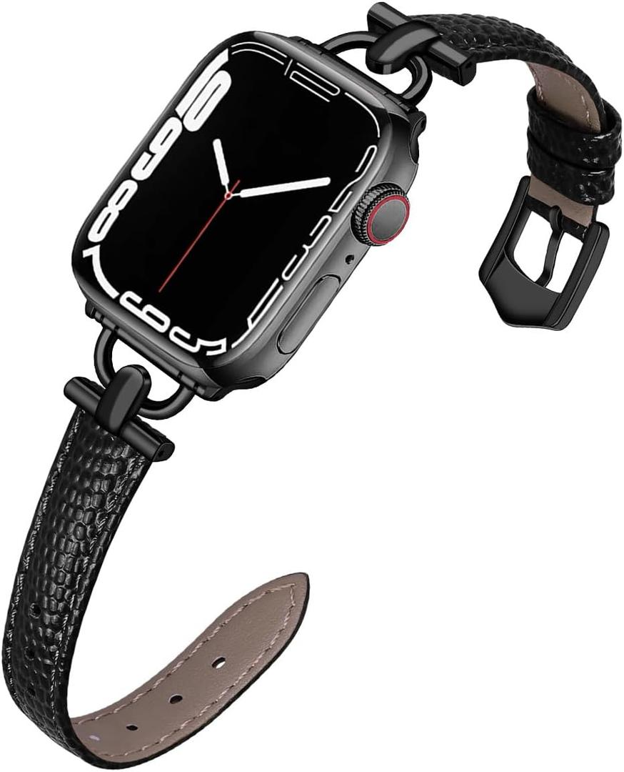 D-Shape Metal Buckle Compatible with Apple Watch Band 49mm 45mm 44mm 42mm Leather Strap Replacement Strap for iWatch Series Ultra 2/Ultra 9/8/7/6/5/4/3/2/1/SE/SE2 (Black-Black)