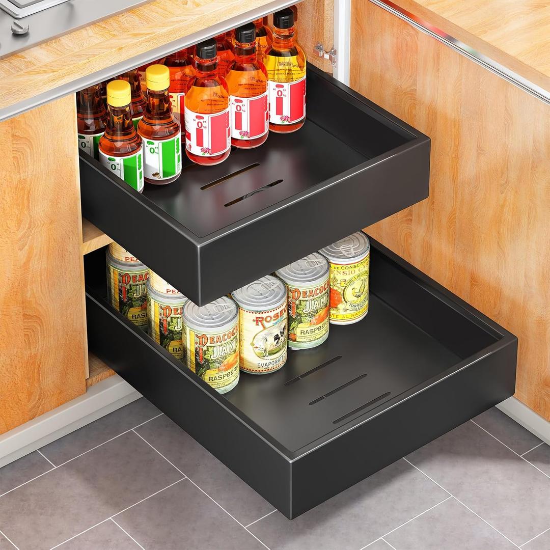 Pull out Cabinet Organizer, 21"Deep, 11.8"Wide Full-Extension Heavy Duty Slide out Drawers with Nano Adhesive, Roll Out Shelves Sliding Cabinet for Kitchen, Bathroom, Pantry,Under Sink Storage(Black)