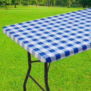 Smiry 8 Foot Picnic Table Cloth, Flannel Backed Fitted Vinyl tablecloths | Waterproof Elastic Rectangle Tablecloth ,Buffalo Plaid Table Covers for Dining, Camping, Outdoor (Blue and White, 36" x 96")