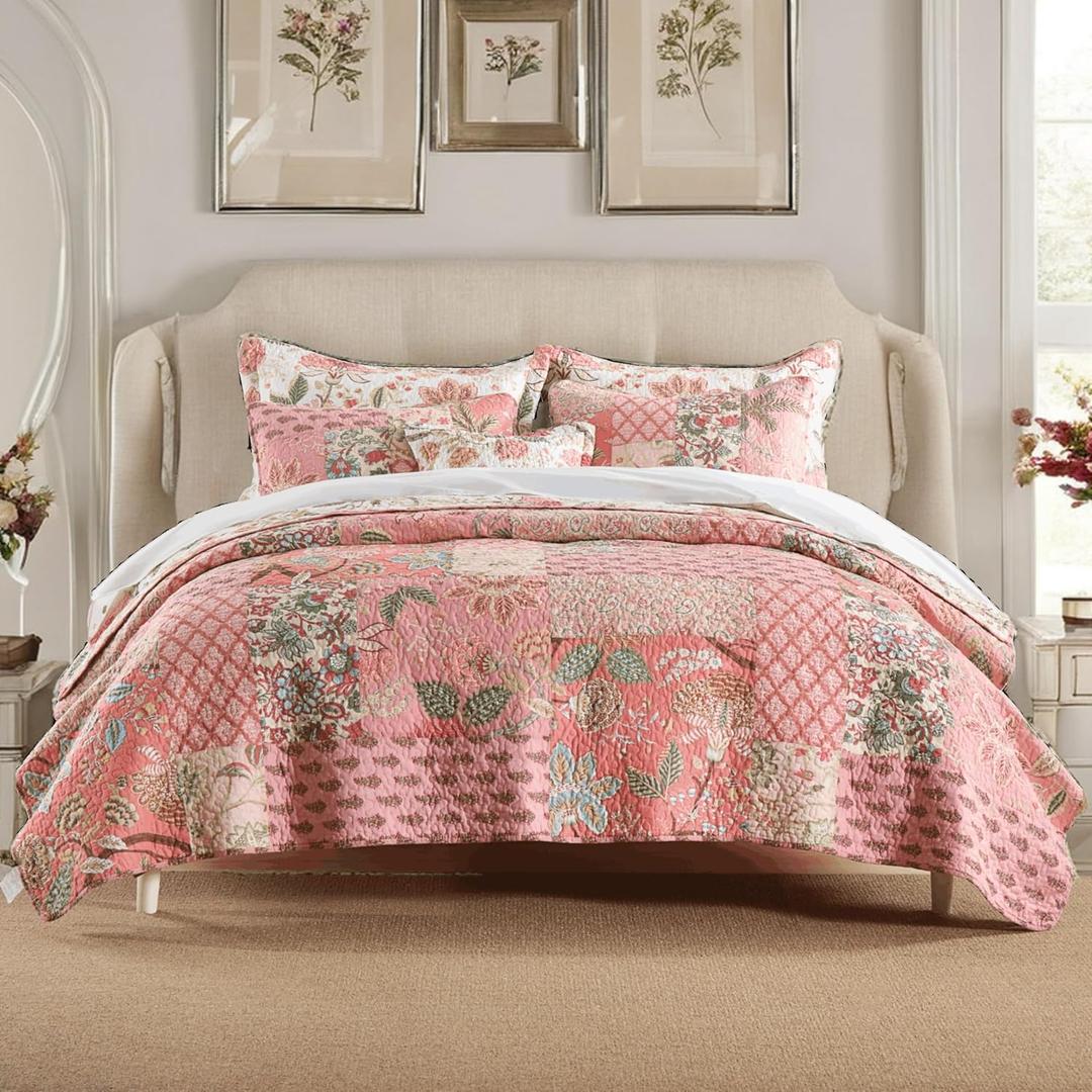 Lamberia 3 Pcs Cotton Quilt Set Real Patchwork Pink Floral Romantic Reversible Bedspread Beautiful Bedding Quilt Set with Real Stitched Embroidery Queen Size Kingsize California King Size (Queen)