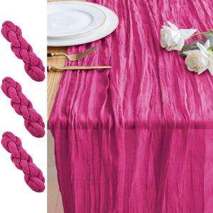 3PCS Table Runner Cheesecloth 10FT Fuchsia Boho Gauze Cheese Cloth Rustic Sheer Table Runners for Wedding Birthday Bridal Baby Shower Party Decoration