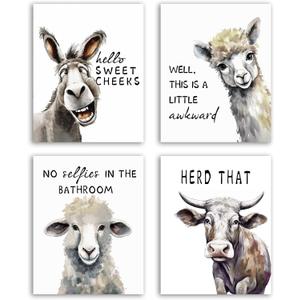 NIIORTY Funny Animal Wall Art Prints Bathroom Decor, Bathroom Quotes Wall Art, Watercolor Donkey Alpaca Sheep Cow Canvas Posters for Restroom Farmhouse Decor, Set of 4-8x10 inches Unframed