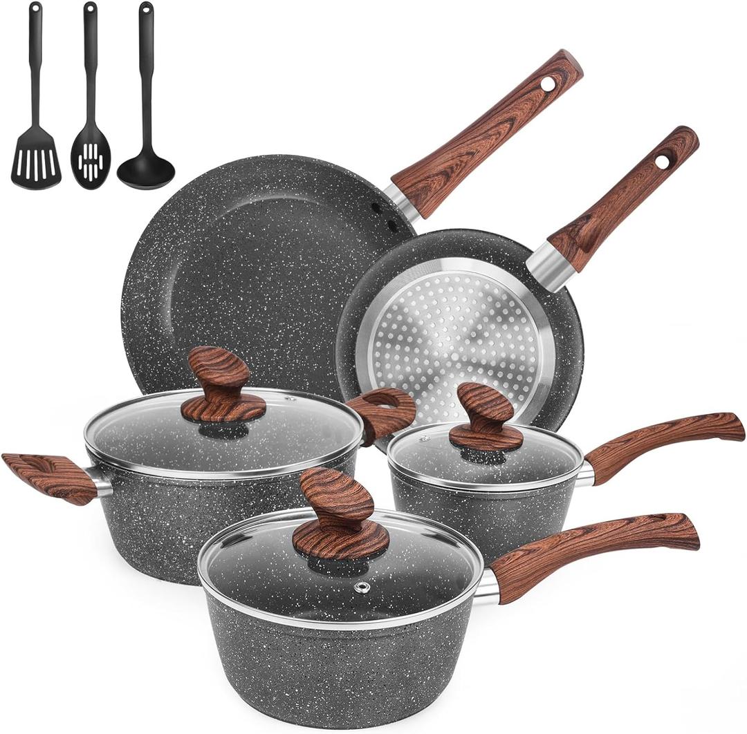 M MELENTA Granite Pots and Pans Set Non Stick, 11 Piece Die-Cast Induction Cookware Set, Nonstick Kitchen Cooking Set w/Frying Pans & Saucepans, PFOA Free