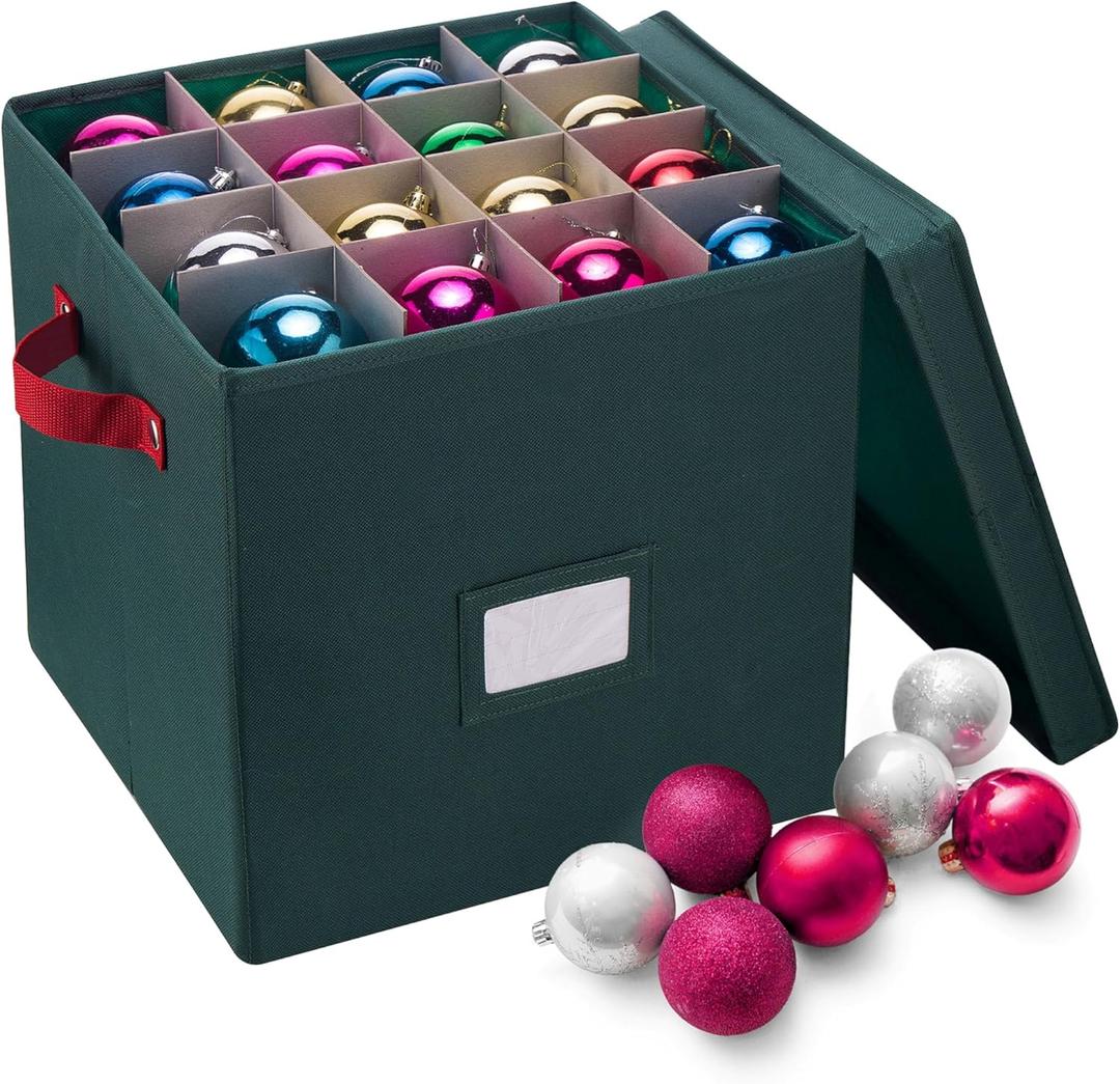 Storage Ornament Box - Holiday Organizer Cube with 64 Individual Compartments and Adjustable Dividers - For Christmas Decorations by Elf Stor (Green)