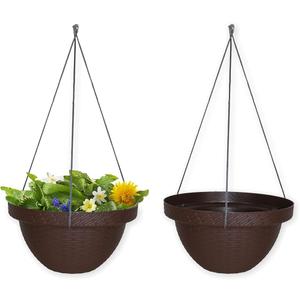 Set Of Two 13 IN Hanging Ceiling Planters, Indoor Or Outdoor Hanging Planters With Ropes, Durable Plastic Planter With A Rattan Appearance In Chocolate Color, Hanging Planter For Trailing Plants