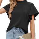 Aifer Blouses for Women Fashion 2026 Business Casual Outfits Ruffle Short Sleeve Dressy Tops Mock Neck Summer Clothes Black Dress Shirts, M