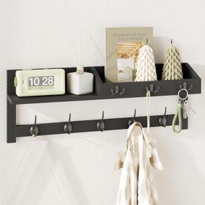AMBIRD Wall Hooks with Shelf 26.57inch Entryway Wall Hanging Shelf Wood Coat Hooks for Wall Coat Rack Wall Mount Rack with 5 Dual Hooks 3 Key Hooks Mail Organizer and Key Rack Key Holder (Black) (26.57" L, Black)