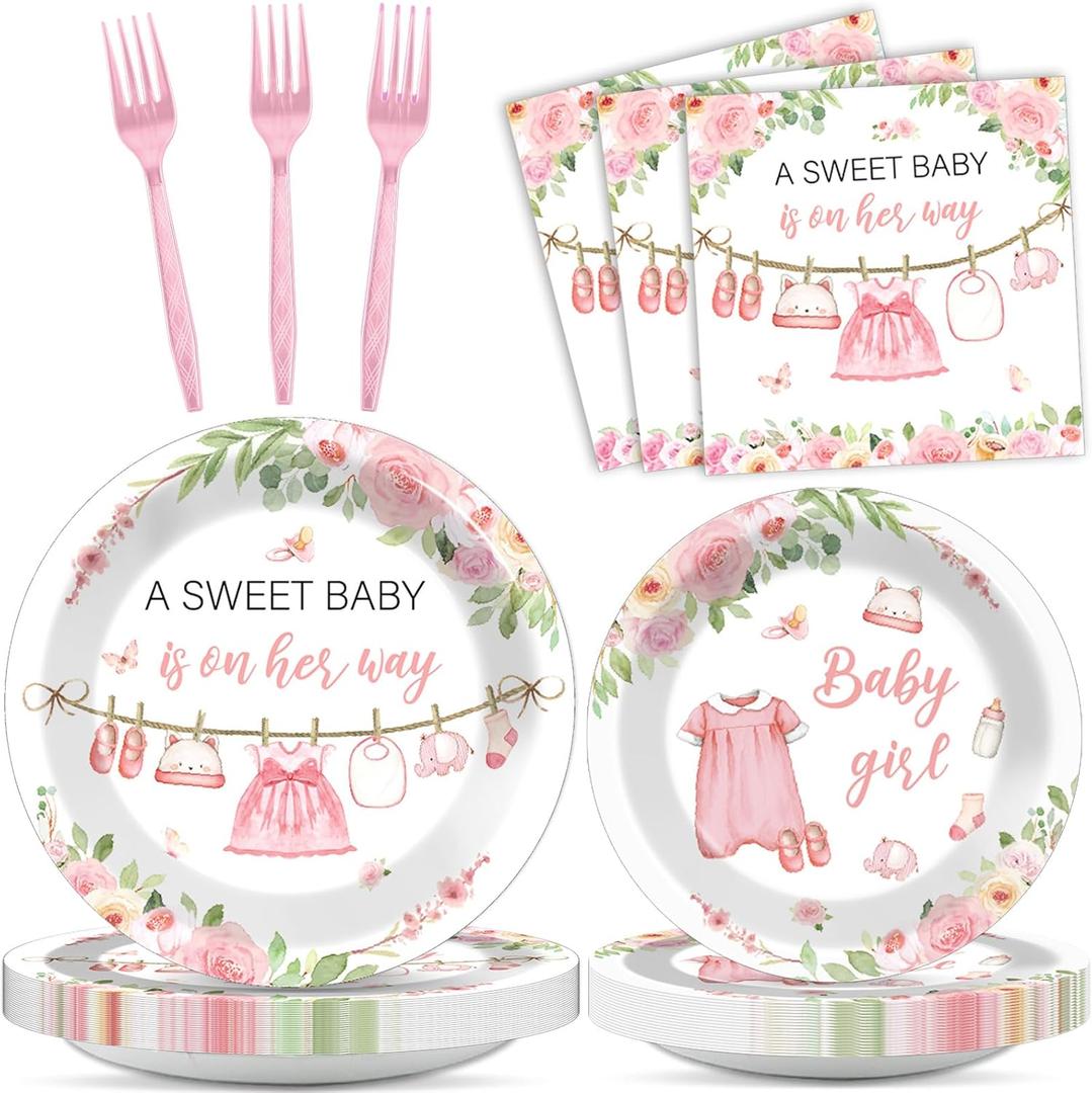 Greenery Baby Shower Plates and Napkins Decorations, Include 20 Plates and 20 Napkins, Watercolor Pink Baby Girl Theme Birthday Party Decorations for Gender Reveal Party Supplies Baby Shower