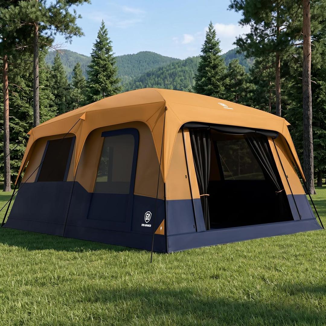 EVER ADVANCED 10 Person Camping Blackout Design Tent, Multi Room Tent for Family, Large Tents with Rainfly and Carry Bag, 2 Doors, Water-Resistant, 14ft x 10ft x 84in