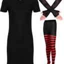 Toulite Halloween Women's Vampire Costume Include Black Dress, Red Striped Leggings and Arm Gloves for Cosplay Party