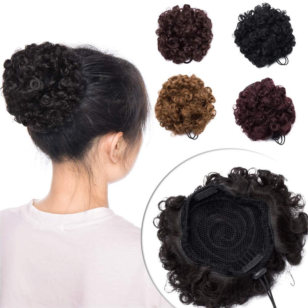 Synthetic Afro Puff Hair Bun Ponytail for African American Women Kinky Curly Scrunchies Drawstring Chignon Hairpiece with Clips Short Accessory 2 Pieces 4 Brown