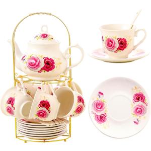 20-Pieces Porcelain Tea Sets For Women, Tea Set For Adult with Golden Metal Rack,Tea Gift Sets for Home&Party(014)