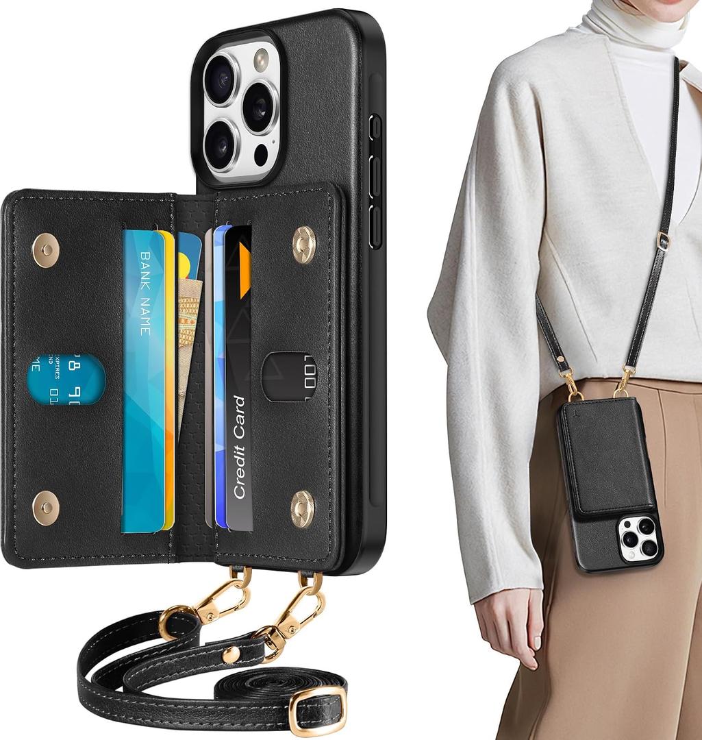 TUCCH Crossbody Wallet Case for iPhone 16 Pro (6.3"), RFID Blocking [6 Card Slots][Detachable Adjustable Lanyard], Magnetic Flip Wallet PU Leather Shockproof Phone Cover for iPhone 16 Pro, Black