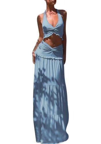 Famnbro Womens 2 Piece Skirt Sets Halter V Neck Y2k Top and Flowy Ruffle Maxi Skirts Summer Vacation Outfits S