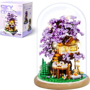 DIY Flower Building Toy Sets Miniature Cherry Blossom Tree House Building Kit, Purple & Yellow Sakura Flowers, Building Blocks Set for Adults & Girls - Bonsai Tree Model with Dust Cover