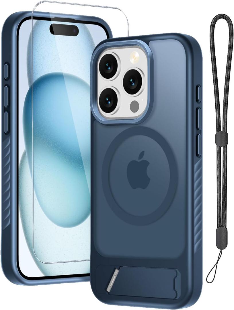 for iPhone 15 Pro Case with Screen Protector+Lanyard Wrist Strap,Magnetic Translucent Matte Rugged Slim Phone Cover Built in Invisible Kickstand [Fit for MagSafe],Navy Blue