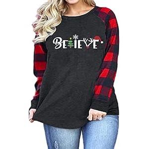 Plus Size Merry Christmas Baseball T-Shirt Women Long Sleeve Holiday Xmas Splicing Tee Tops XL