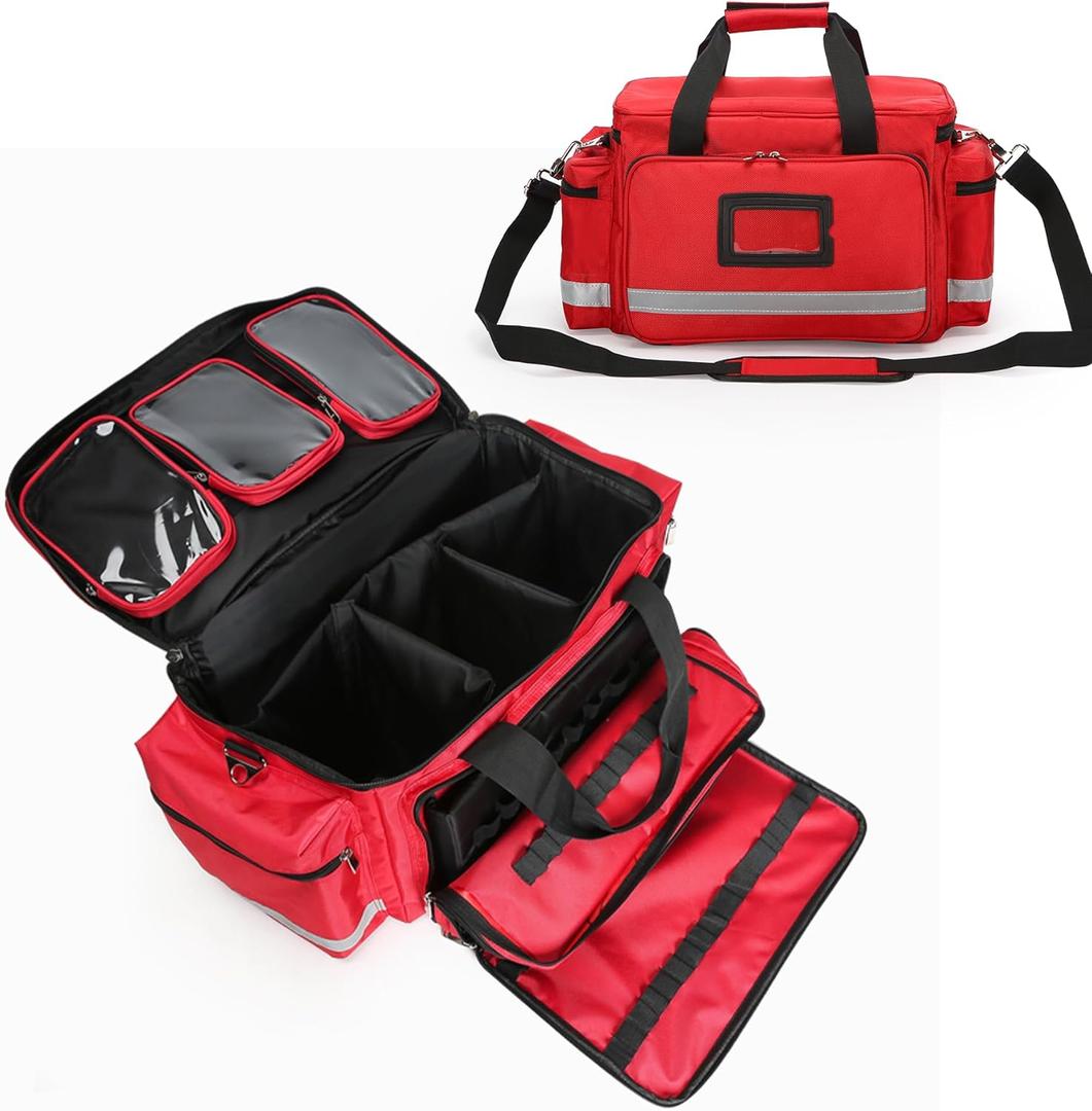 Medical Empty Bag First Aid Bag Emergency Responder Trauma Bag Empty, Professional First Aid Kits Storage Medical Bag with Inner Dividers and No-Scratch Bottom, Trauma Bag for Home Health Nurse Bag, Red, 21.65" x 17.72"x 11.81"